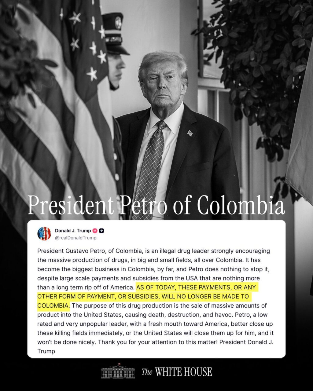 Trump suspende ayuda a Colombia