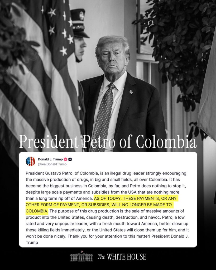 Trump suspende ayuda a Colombia